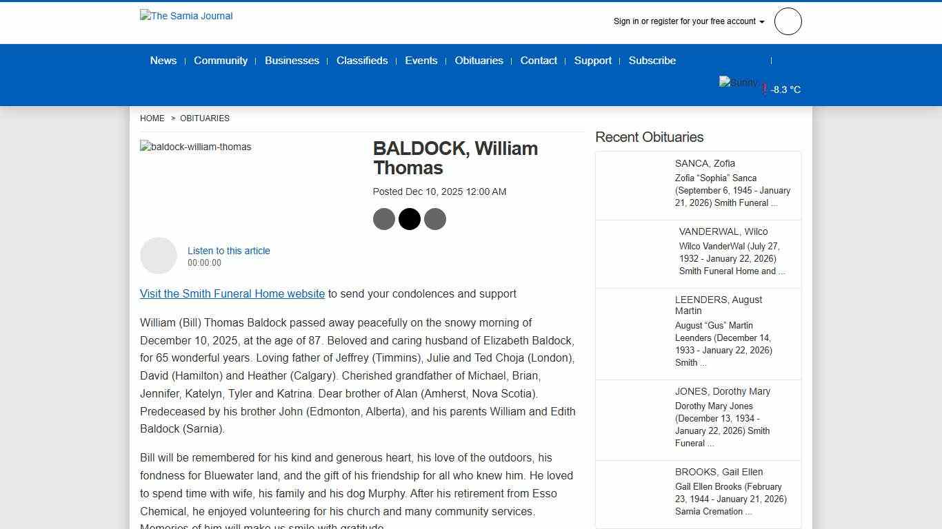 BALDOCK, William Thomas - Obituary - Sarnia - The Sarnia Journal